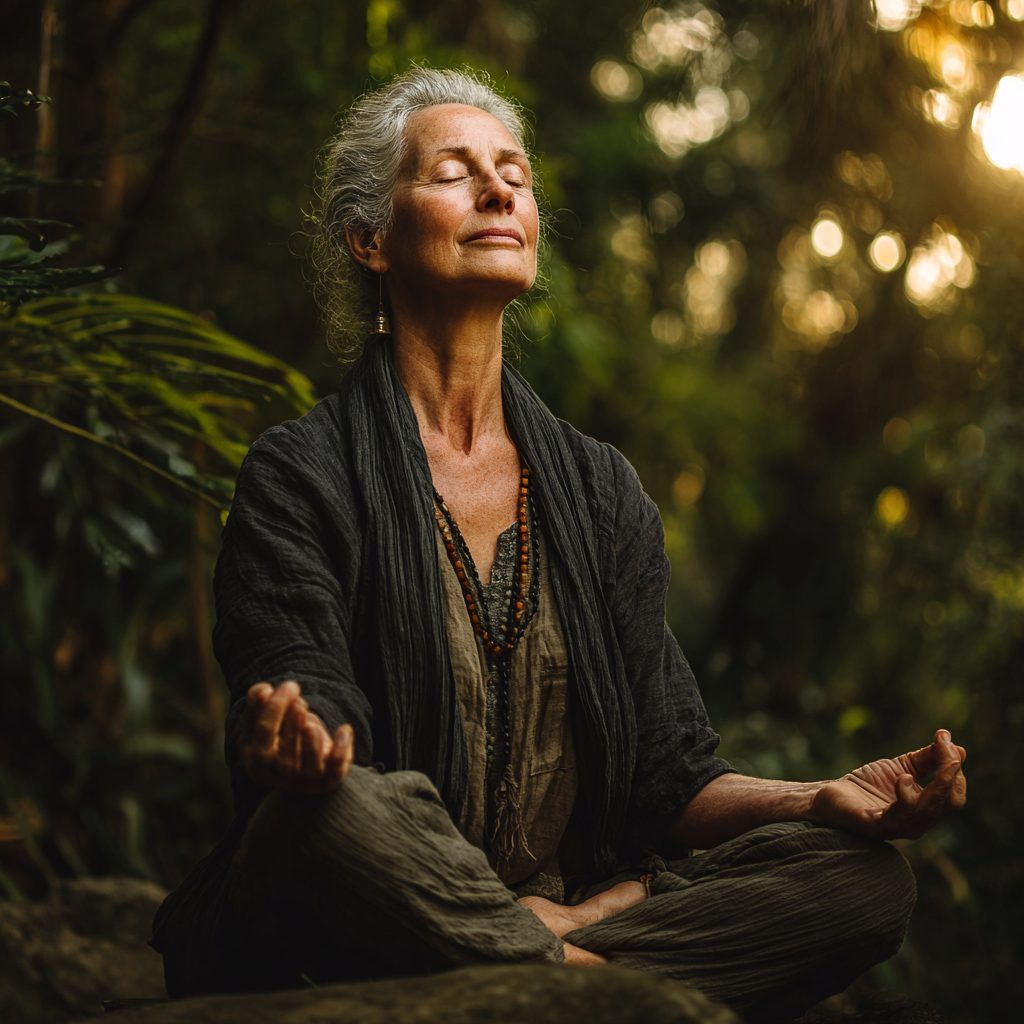 Smiling senior European woman in comfortable yoga pose on a mat, showing peaceful expression and healthy lifestyle