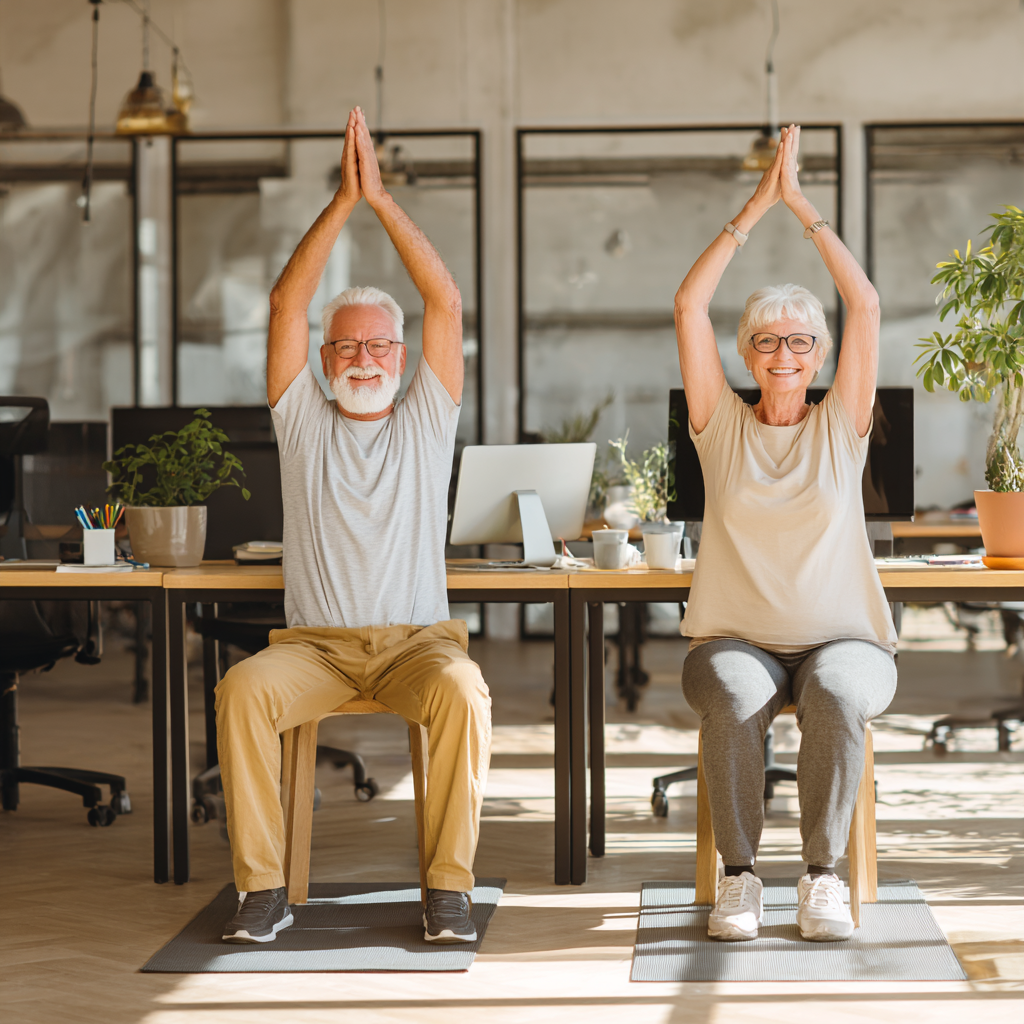 Happy elderly European man performing gentle yoga stretches outdoors, demonstrating flexibility and strength in natural setting