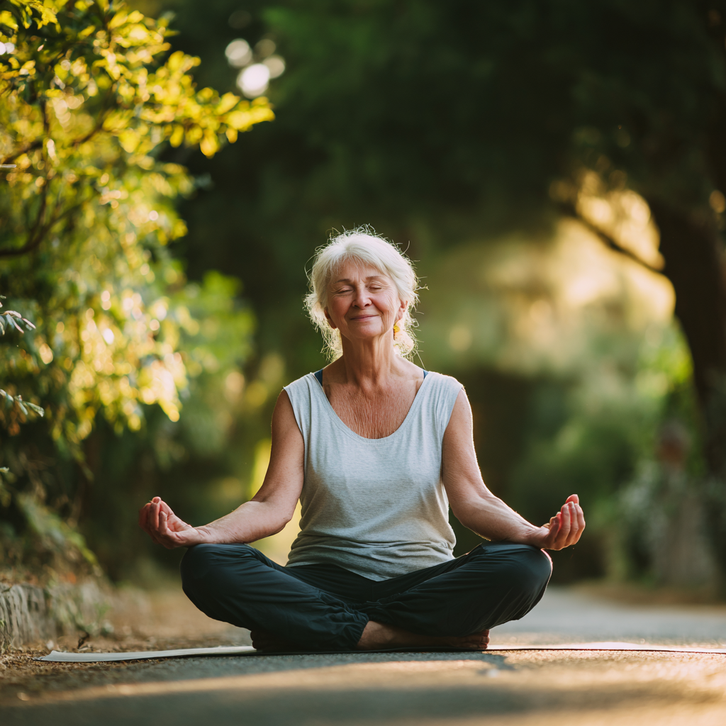 Mature European woman demonstrating yoga flexibility pose in bright studio, showing proper form and peaceful concentration