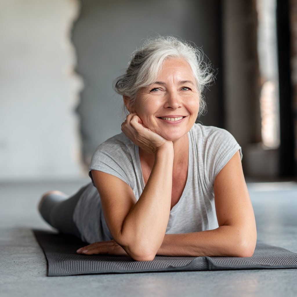 Group of smiling senior European people in yoga class, showing community and wellness atmosphere in bright natural light